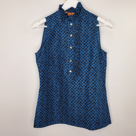 Tory Burch Blue Silk Sleeveless Top Half Button Up Lizzard Print NEW - Picture 1 of 5